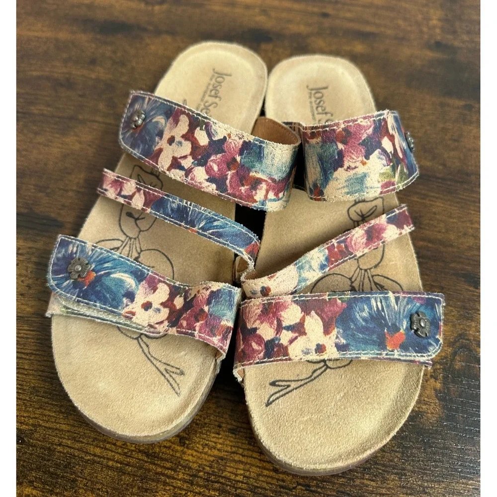 Josef Seibel Tonga 54 Floral Slide Sandals Blue Red Tan Cork Boho Size 38 7 -7.5 - Picture 12 of 12